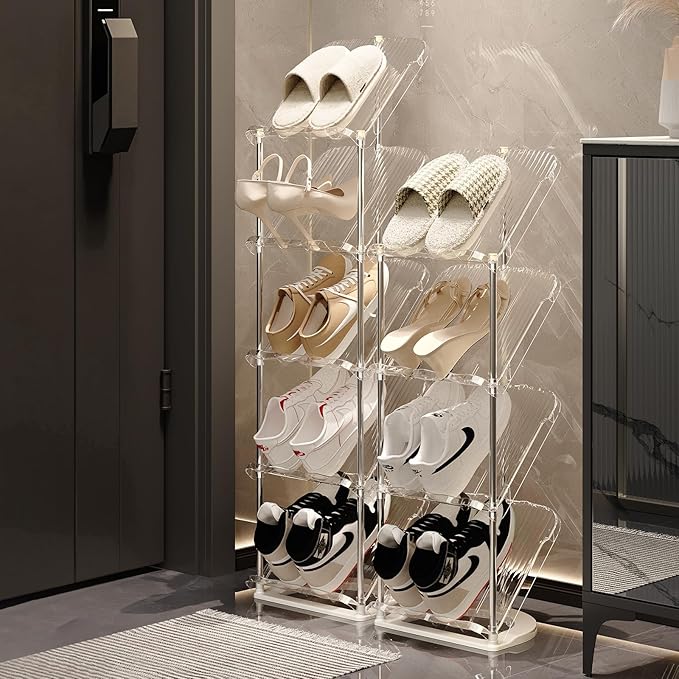 YYW Narrow Shoe Rack Vertical Shoes Rack for Entryway Corner Shoe Storage Organizer for Small Spaces Transparently Tall Slim Shoe Shelf for Front Door Entrance Living Room White 6 Layers