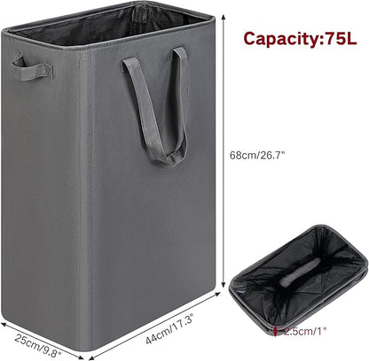 efluky Slim Laundry Basket, Narrow Laundry Hamper with Handles, Collapsible Dirty Clothes Hamper, Tall Laundry Bin for Laundry Room, Dorm and Bedroom, 19.8 Gallon (75L) Grey