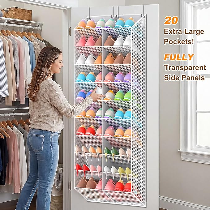 20-30 Pairs Over the Door Shoe Organizer, Breathable Mesh Pocket Hanging Shoe Storage for Closet, 10-Tier Door Shoes Rack, Handing Shoes Holder Fit All the Family's Sneakers, Boots, Heels, Light Grey