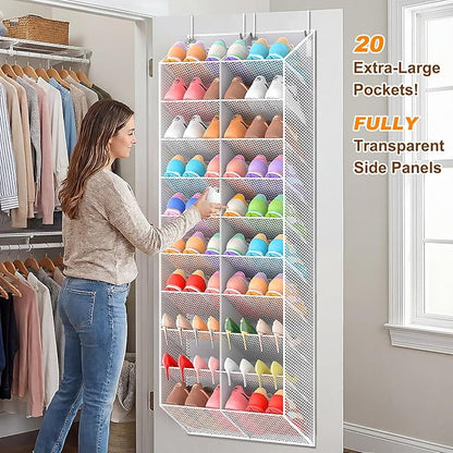 20-30 Pairs Over the Door Shoe Organizer, Breathable Mesh Pocket Hanging Shoe Storage for Closet, 10-Tier Door Shoes Rack, Handing Shoes Holder Fit All the Family's Sneakers, Boots, Heels, Light Grey