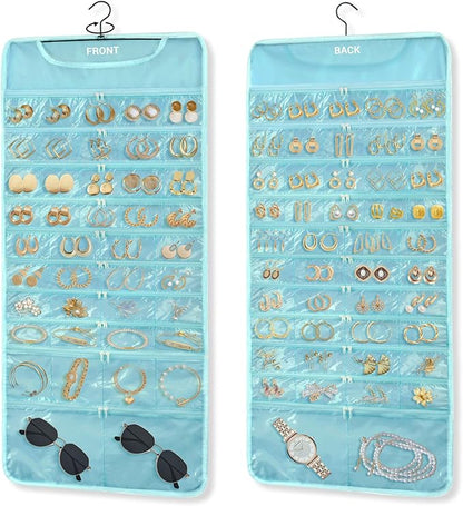 FOREGOER Hanging Jewelry Organizer with 88 Zippered Pockets, Dustproof Foldable for Travel, Accessories Organizer for Holding Jewelries Earring Organizers and Storage (Blue)