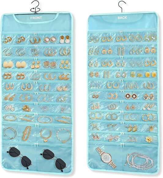 FOREGOER Hanging Jewelry Organizer with 88 Zippered Pockets, Dustproof Foldable for Travel, Accessories Organizer for Holding Jewelries Earring Organizers and Storage (Blue)