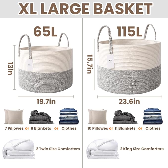 JMvicyroam 115L Extra Large Blanket Basket for Living Room - Woven Cotton Rope Laundry Hamper with Reinforced Handles - Storage Bin for Pillows, Comforters & Toys - Machine Washable,White&Grey