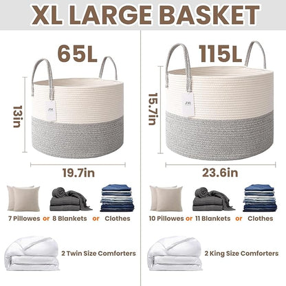 JMvicyroam 115L Extra Large Blanket Basket for Living Room - Woven Cotton Rope Laundry Hamper with Reinforced Handles - Storage Bin for Pillows, Comforters & Toys - Machine Washable,White&Grey