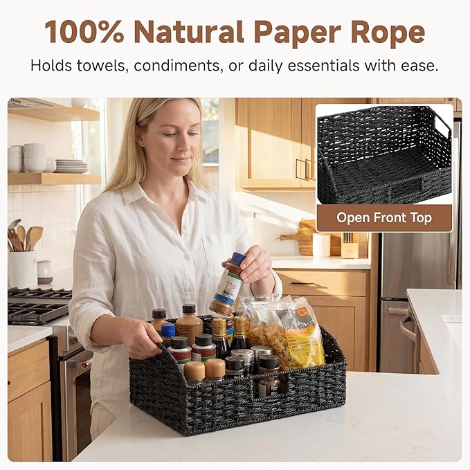 StorageWorks Wicker Baskets with Handles, Pantry Organizers and Storage, Paper Rope Pantry Baskets for Shelves, Black， 2-Pack