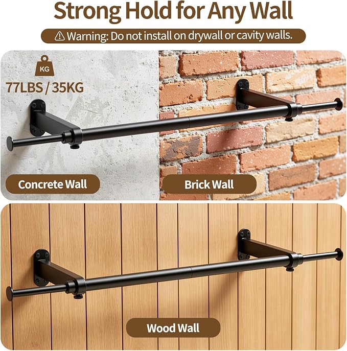 Luxspire Wall Mounted Clothes Rack, Industrial Pipe Clothing Rack, 28" Heavy Duty Extendable Iron Garment Bar, Multi-Purpose Hanging Rods for Clothes Bedroom, Laundry Room, Closet 2 Pack, Black