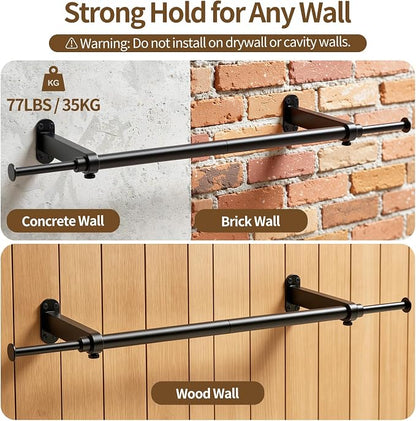 Luxspire Wall Mounted Clothes Rack, Industrial Pipe Clothing Rack, 28" Heavy Duty Extendable Iron Garment Bar, Multi-Purpose Hanging Rods for Clothes Bedroom, Laundry Room, Closet 2 Pack, Black