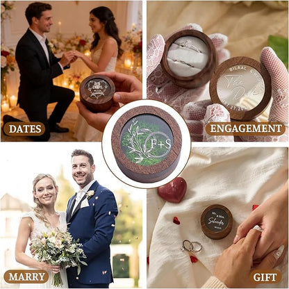 Personalized Ring Box Wedding Day（1-2 slots, Wooden Small Ring Boxes Holder, FREE Custom Name Clear Acrylic Cover, Elegant Round Rings Case for Wedding, Engagement Proposal,Ceremony