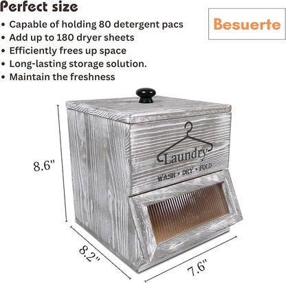 Farmhouse Dryer Sheets Holder & Laundry Pod Container, Rustic Grey Wooden Laundry Pod Dispenser, Dryer Sheets Container Laundry Room Organizers And Storage