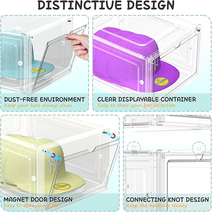 SCAVATA 6 Pack Hat Organizer Box, Stackable Clear Baseball Caps Holder Box Containers with Magnetic Door for Hats Snapback Cap Storag, Hat Rack Display Case, Holds 8 Hats Each (Clear)