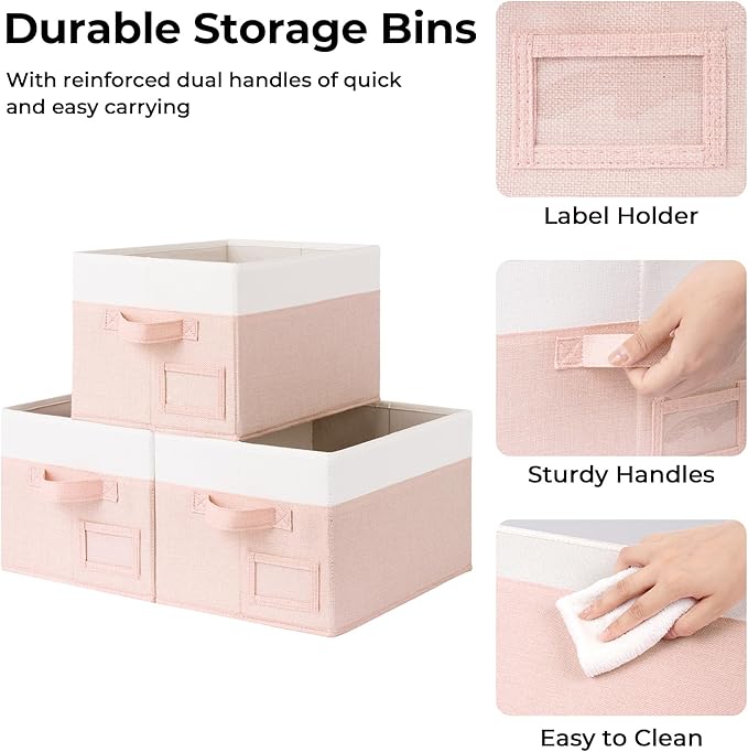 GRANNY SAYS Storage Baskets for Organizing, Fabric Storage Bins for Shelves, Closet Storage Boxs, Clothing Storage and Organization, Decorative Storage Bins, Pink&Ivory, Medium, 3-Pack