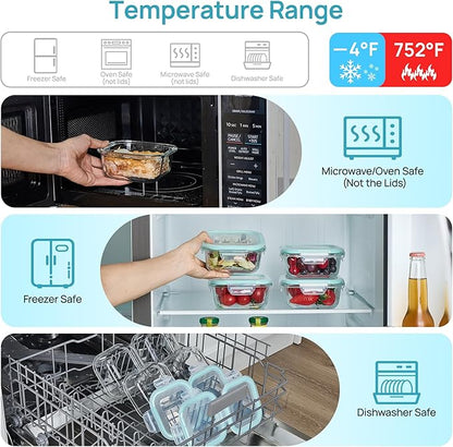 Vtopmart 5Pack 17.5oz Glass Storage Containers with Lids, Glass Meal Prep Food Container Sets with Snap Airtight Lids for Microwave, Oven, Freezer and Dishwasher, Green