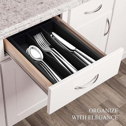 Small Silverware Organizer, Bamboo Kitchen Drawer Organizer, Utensil Holder, Cutlery Tray & Spoon Flatware Storage with Grooved Drawer Dividers (Black, 6.7''W x 12''D)