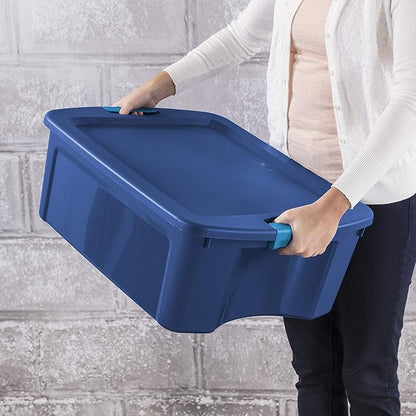 Sterilite 12 Gal Latch and Carry, Stackable Storage Bin with Latching Lid, Plastic Tote Container to Organize Closets, Blue with Blue Lid, 6-Pack