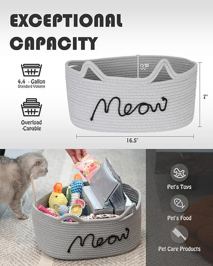 Sea Team Cat Toy Basket with Handles, 16.5 x 11 x 7 Inches, 4.4 Gallons Large Cotton Rope Storage Bin, Box, Shelf Organizer for Pet Chew Toys, Foods, Grey Meow