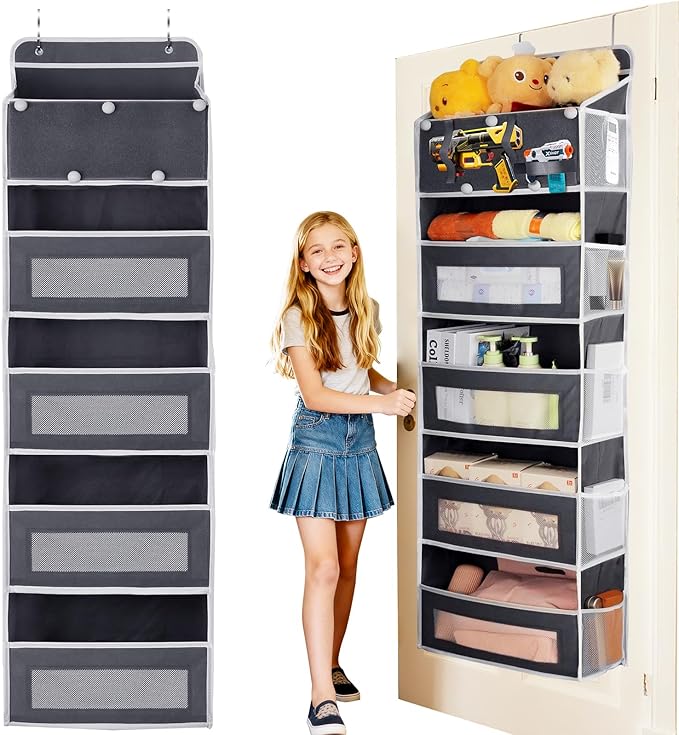 5-Tier Over the Door Storage Organizer with 5 Side Mesh Pockets, 40lbs Load Capacity with 2 Hooks, Behind Door Hanging Organizer for Closet Bathroom Bedroom Nursery - Grey