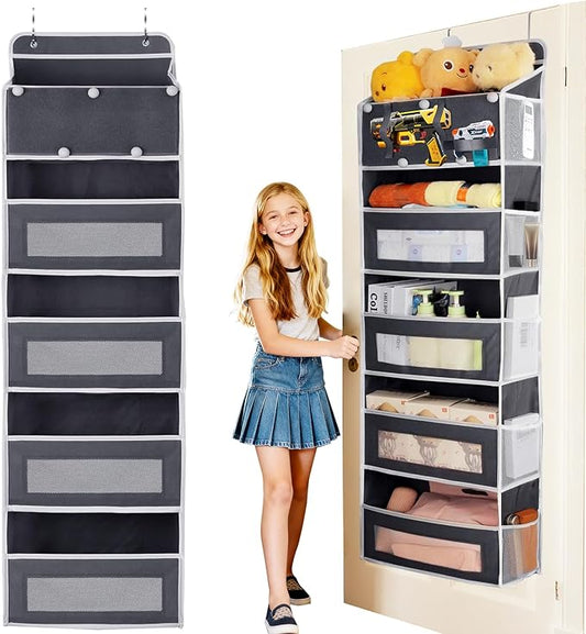 5-Tier Over the Door Storage Organizer with 5 Side Mesh Pockets, 40lbs Load Capacity with 2 Hooks, Behind Door Hanging Organizer for Closet Bathroom Bedroom Nursery - Grey