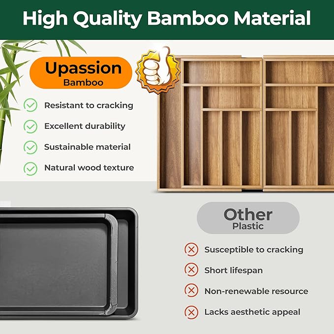 Large Silverware Organizer, 13 Slots Magnetic Connected Expandable Acacia Wood Utensil Drawer Organizer From 21 to 37.4 Inches, Adjustable Flatware and Cutlery Holder, Utensil Tray for Kitchen Natural