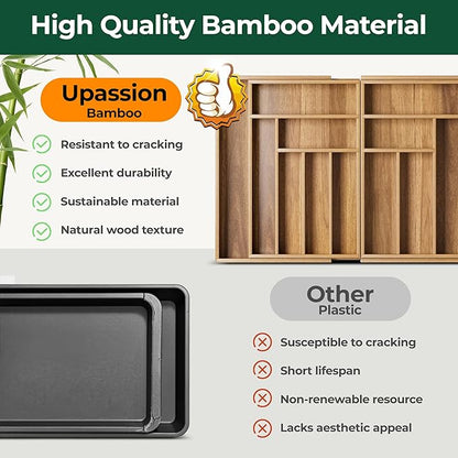 Large Silverware Organizer, 13 Slots Magnetic Connected Expandable Acacia Wood Utensil Drawer Organizer From 21 to 37.4 Inches, Adjustable Flatware and Cutlery Holder, Utensil Tray for Kitchen Natural