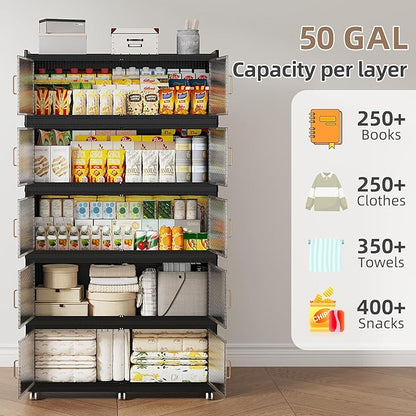 SAILUN 400Gal Extra Large Stackable Storage Bins with a Lid, Collapsible Storage Bins With Doors and Wheels, Foldable Storage Cabinet for Garage Closet Organization, Black, 5Pack 39.4" W