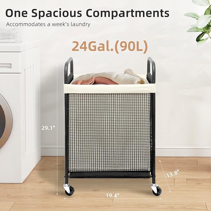 STORAGE MANIAC Rolling Laundry Hamper with Wheels 1-Section Laundry Sorter Rolling Laundrys Basket on Wheels with Removable Bag Clothes Hamper Laundrys Organizer Cart Bathroom Bedroom 90L Beige