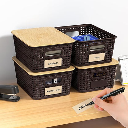 Plastic Storage Baskets with Bamboo Lids and Labels, Stackable Storage Containers, Storage Bins for Organizing Shelves Drawers Desktop Closets Office, 6 Packs-Brown