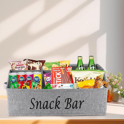 Snack Organizer for Countertop, 6 Compartment Snack Bin with Side Handles, 2 Pack Fabric Snack Basket Container, Lightweight Snack Bar Station Organizer, Kitchen Pantry Storage - Gray