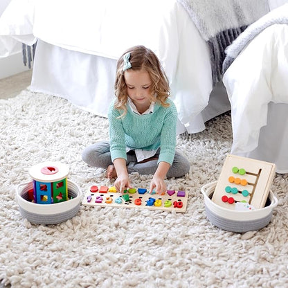 NaturalCozy 5-Piece Round Small Woven Baskets Set– Cotton Rope Baskets for Organizing! Montessori Toys, Fruits Remotes Key Tray Bowl for Entryway Desk, Shallow Catchall Home Décor, Cat Dog Bin Gift