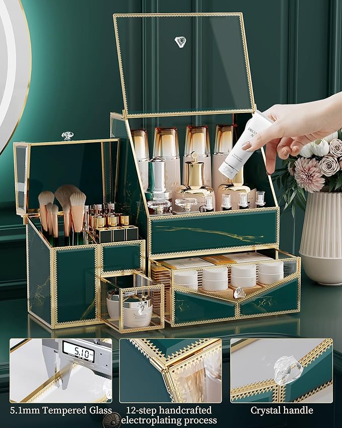 Youdepot Glass Makeup Organizer for Vanity and Bathroom Countertop – Large Cosmetic Display Case and Skincare Storage Solution