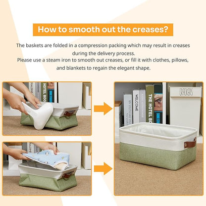 DULLEMELO Small Storage Basket, Fabric Collapsible Gift Storage Basket for Shelves, Closets, Nursery, Home, Office Organizing, Small Canvas Linen Rectangular Storage Bin with Handles (White&Green)