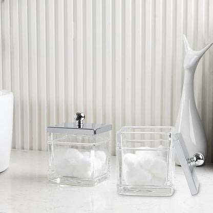 Glass Cotton Jar Holder 2 Pack– Silver/Chrome Lid, Elegant Bathroom Storage Canister for Qtips, Cotton Balls, Floss, Makeup Organizer, Vanity & Bathroom Organization