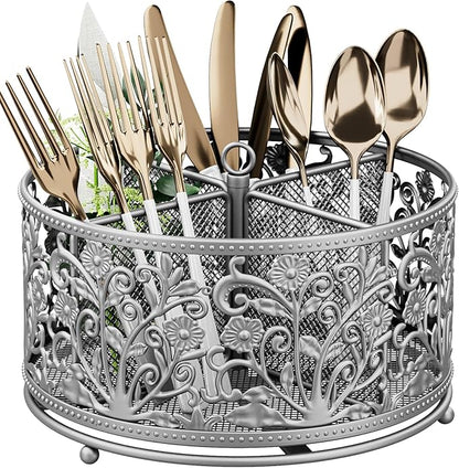 YIUKEA 360° Rotating Utensil Caddy - Silverware Cutlery Caddy Holder with 4 Compartment, Metal Flatware Organizer Countertop with Handle for Party Camping Picnic, Kitchen Counter, Office (Silver)