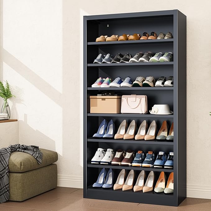 Tall Shoe Cabinet, 7 Tiers 30-35 Pairs Heavy Duty Metal Freestanding Shoe Rack, Vertical Shoe Storage Organizer with Adjustable Shelves, Shoe Shelf for Entryway, Bedroom (Black, 55" H)