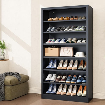 Tall Shoe Cabinet, 7 Tiers 30-35 Pairs Heavy Duty Metal Freestanding Shoe Rack, Vertical Shoe Storage Organizer with Adjustable Shelves, Shoe Shelf for Entryway, Bedroom (Black, 55" H)