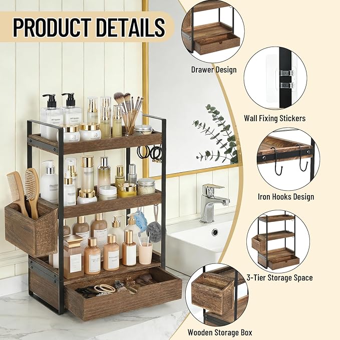 3-Tier Bathroom Counter Organizer with Drawer Basket and Hooks, Wood Bathroom Organizers and Storage for Countertop, Farmhouse Dark Brown Countertop Organizer, Counter Shelf for Vanity, Kitchen,Office