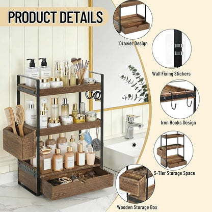 3-Tier Bathroom Counter Organizer with Drawer Basket and Hooks, Wood Bathroom Organizers and Storage for Countertop, Farmhouse Dark Brown Countertop Organizer, Counter Shelf for Vanity, Kitchen,Office