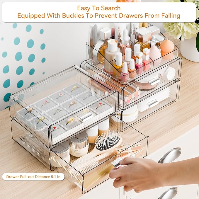 Yieach Clear Acrylic Makeup Organizers Countertop for Dresser,Desk,Bathroom Vanity,4 Tier Stackable Make up Holders and Makeup Cabinet,Tiered Cosmetic Storage and Make up Containers for Palette,Brush
