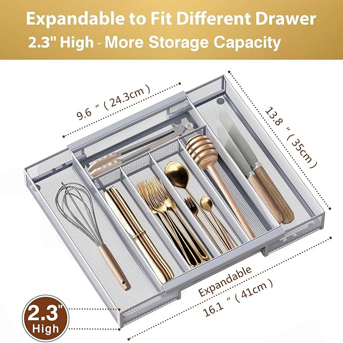 Sedegn Silverware Organizer Metal Mesh, Drawer Organizer, Utensil Cutlery Tray Expandable Flatware Organizer with 7 Compartment Silver 9.6"~16.1" x 13.8"