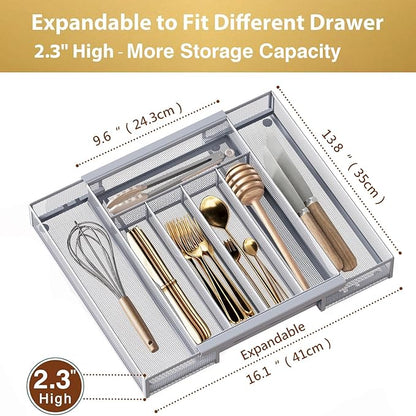 Sedegn Silverware Organizer Metal Mesh, Drawer Organizer, Utensil Cutlery Tray Expandable Flatware Organizer with 7 Compartment Silver 9.6"~16.1" x 13.8"