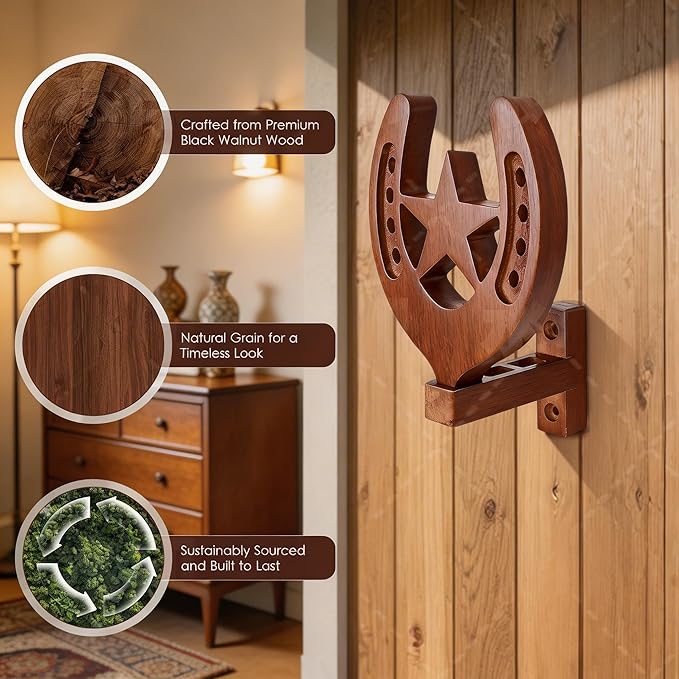 Horseshoe Cowboy Hat Holder for Wall – Rustic Wooden Western Hat Rack, Wall Mounted Hat Organizer for Cowboy Hats, Fedora, Baseball Caps – Farmhouse Entryway Closet Decor (Brown)