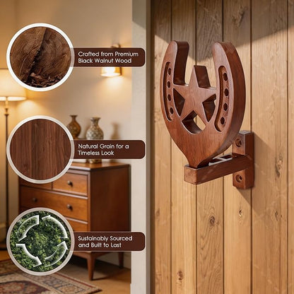 Horseshoe Cowboy Hat Holder for Wall – Rustic Wooden Western Hat Rack, Wall Mounted Hat Organizer for Cowboy Hats, Fedora, Baseball Caps – Farmhouse Entryway Closet Decor (Brown)