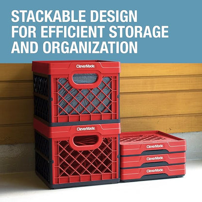 CleverMade Collapsible Milk Crate 25L (6.6 Gal), 50 lb Capacity Heavy Duty Folding Crate – Stackable Storage Crates with File Rails, Plastic Collapsible Crates - Red