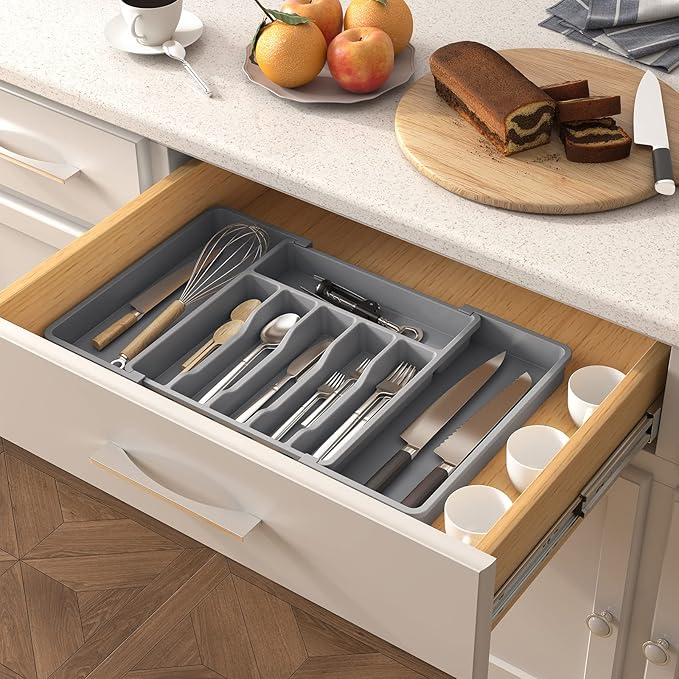Lifewit Silverware Drawer Organizer, Expandable Utensil Tray for Kitchen, BPA Free Flatware and Cutlery Holder, Adjustable Plastic Storage for Spoons Forks Knives, 13-22 x 15", Grey