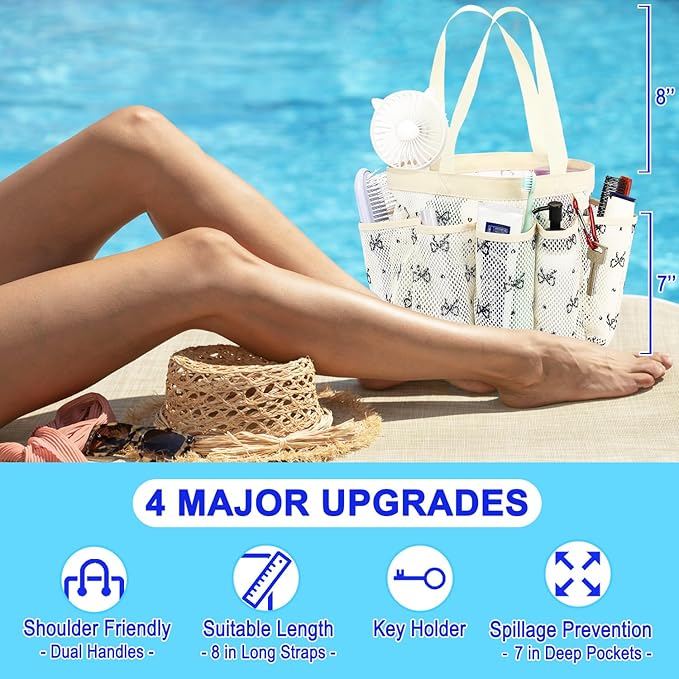 Fammart Mesh Shower Caddy Portable for College Dorm Room Essentials, Odorless Polyester Large Shower Tote Bag with Dual Handles, 8-Pocket Quick-Dry Toiletry Organizer for Travel, Beach, Camping, Gym