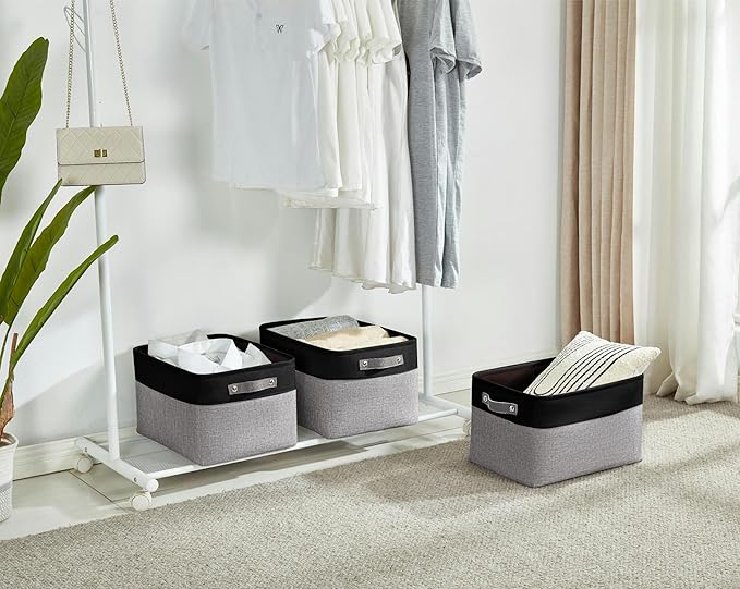 DECOMOMO Storage Bins, Extra Large Fabric Storage Baskets for Shelves, Decorative Linen Closet Organizer, 15.8 x 12.5 x 10 inches (Grey & Black, 3 Pack)