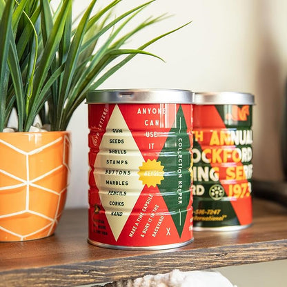 Retro Tin Can, Studio MPLS Designs, Collectable, Peel & Stick Valved End with Metal Lid, 8-12oz (4.0625 x 5.5 in) (Treasure Saver Design)