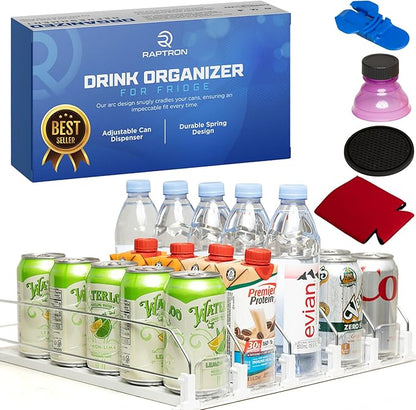 Drink Organizer for Fridge-White Automatic Pusher Glide,12oz 16oz 20oz-Soda Dispenser for Fridge-Holds up to 25 Cans