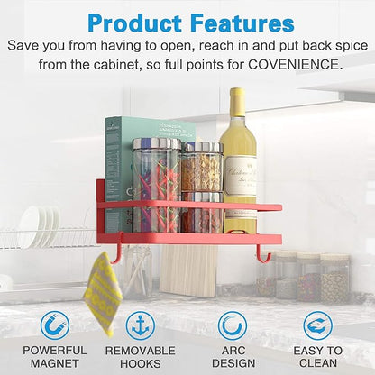 Magnetic Spice Rack, Strong Magnetic Shelf with 2 Removable Hooks, Perfect Space Saver for Small Kitchen/Apartment, Awesome Metal Cabinet for Holding Spices, Jars, Bottle, Beve(Red, 2Pack)