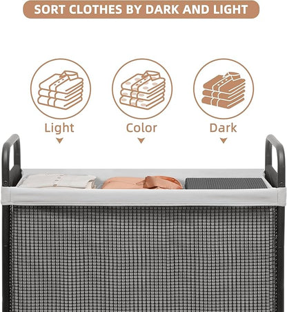 STORAGE MANIAC Rolling Laundry Hamper with Wheels 3-Section Laundry Sorter Rolling Laundrys Basket on Wheels with Removable Bag Clothes Hamper Laundrys Organizer Cart Bathroom Bedroom 120L Grey