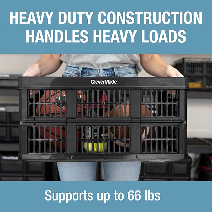 CleverMade Collapsible Utility Crates, Obsidian, 3 Pack, 45L/11 Gal, 66 lbs Capacity, Stackable Containers, Heavy Duty, Space-Saving Baskets,Polypropylene (PP)